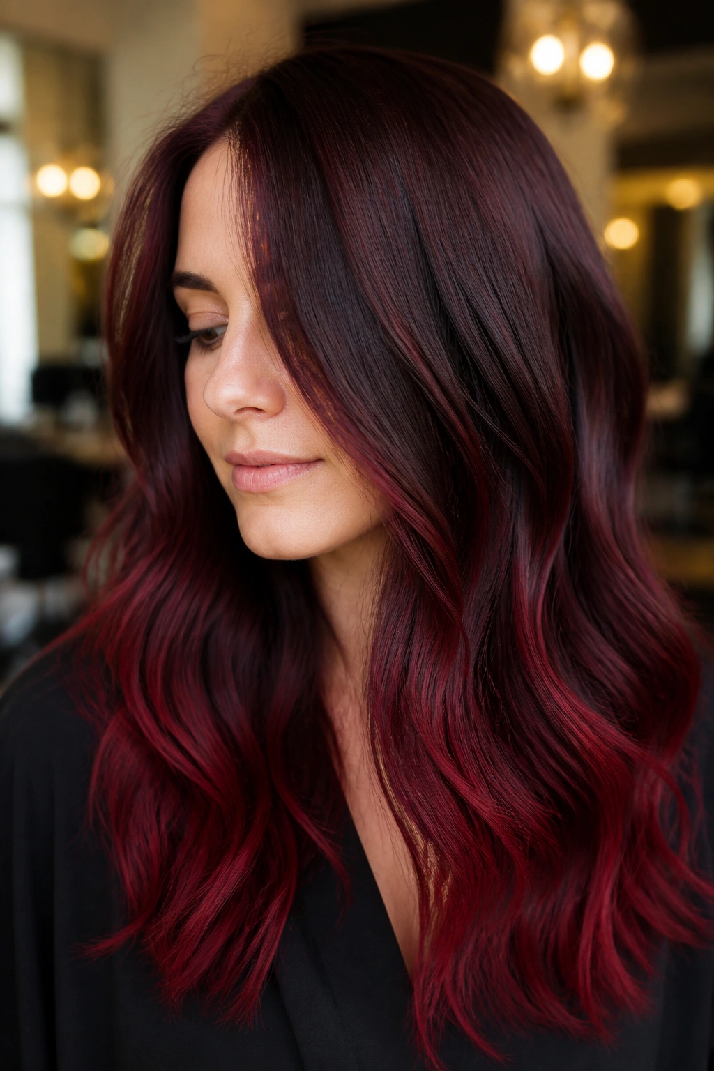 Close-up portrait of a real woman with cranberry-to-cocoa ombre long hair in a salon