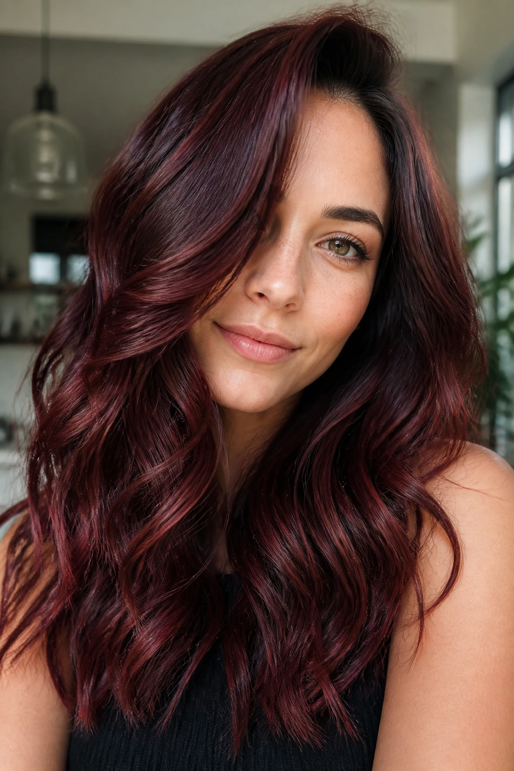 Close-up of real woman with cranberry cola hair color and high shine