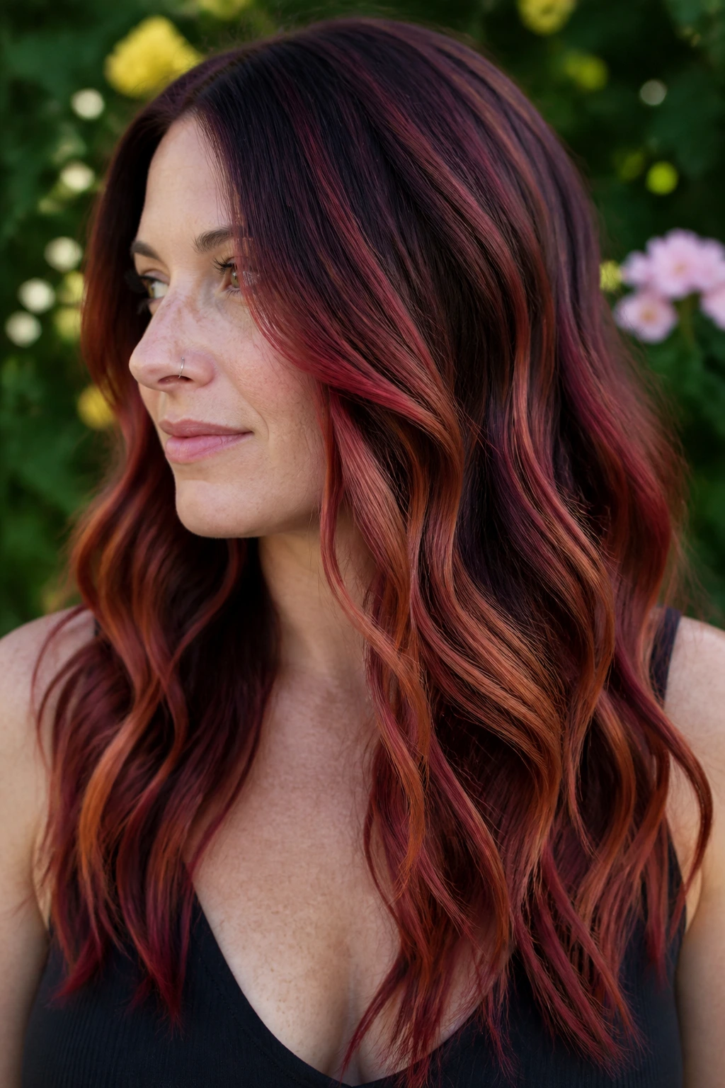 Close-up of cranberry copper balayage on a real person