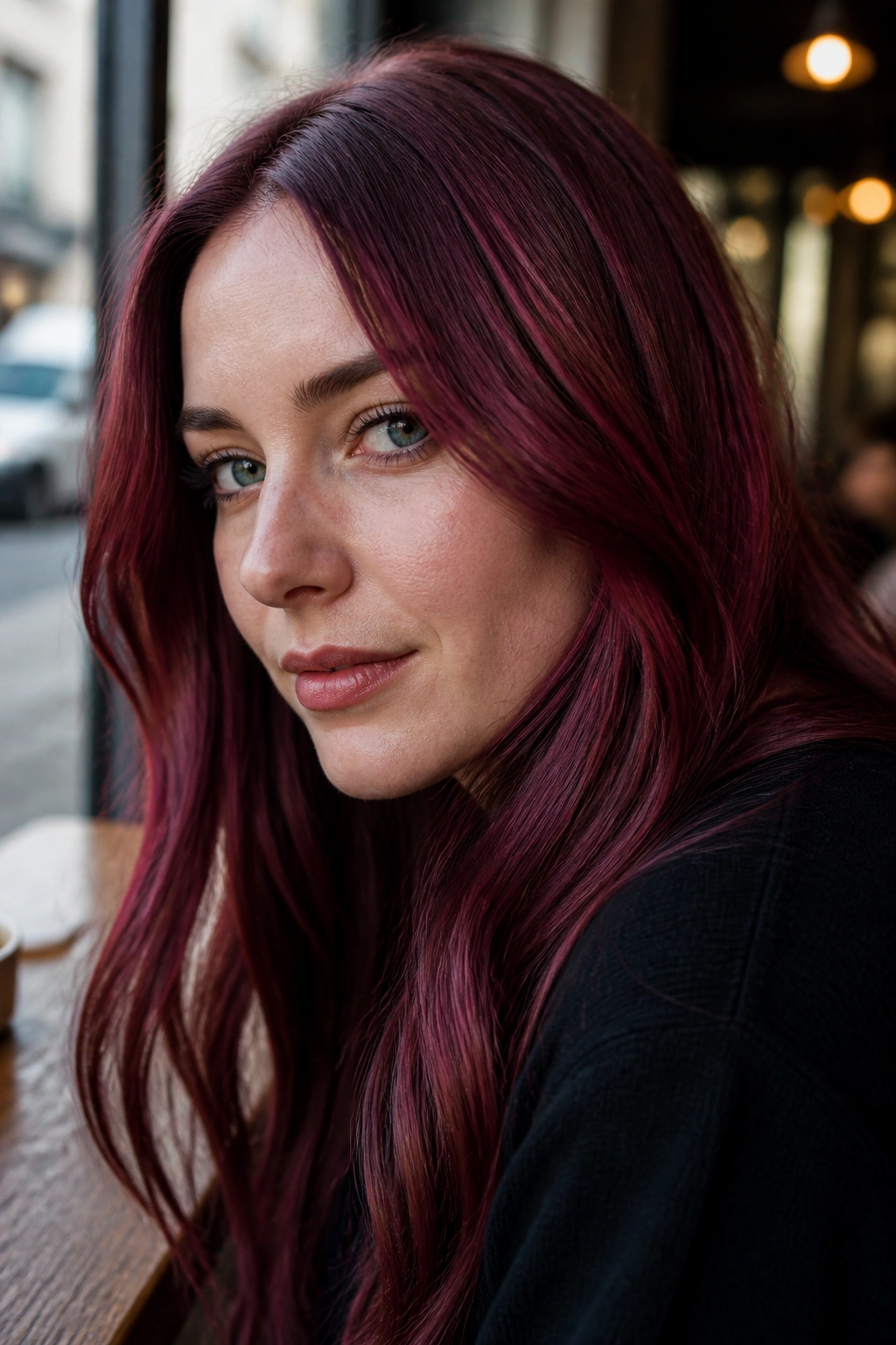 Close-up portrait of a real person with cranberry copper hair and violet base near a cafe window