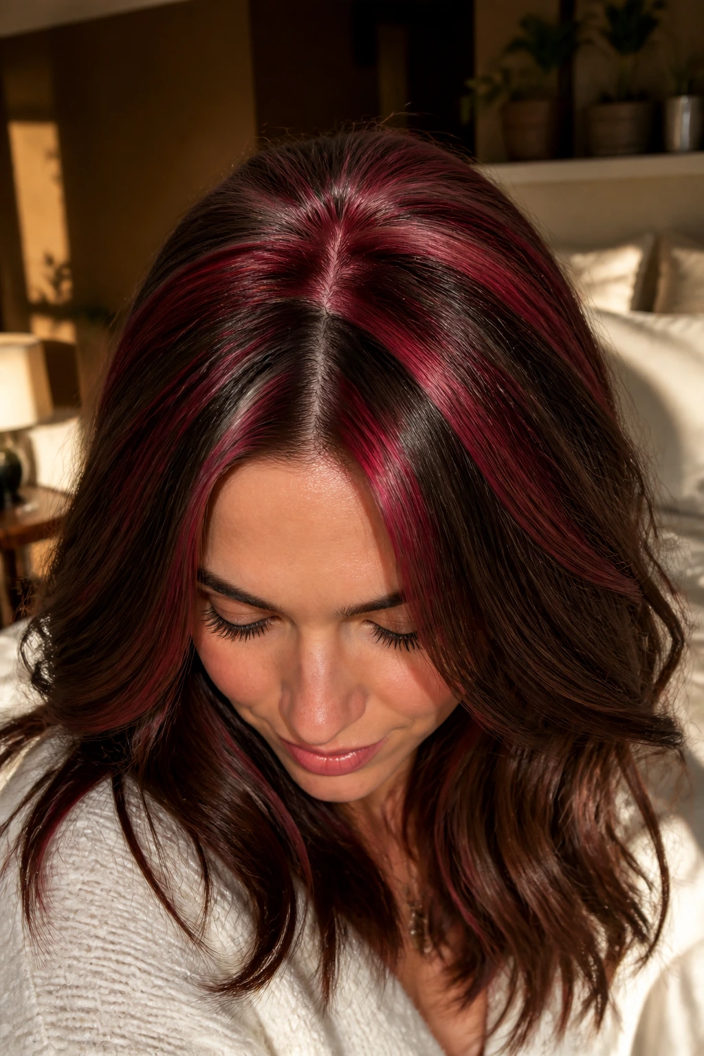 Cranberry crown chunks visible around the top of brown hair.