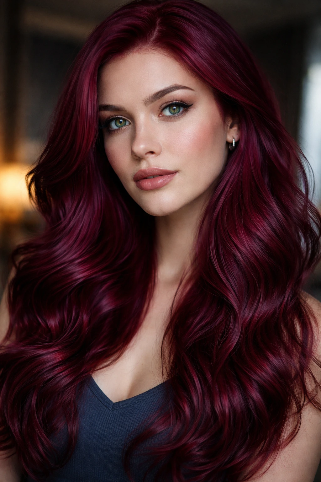 Close-up of a real person with cranberry crush hair color