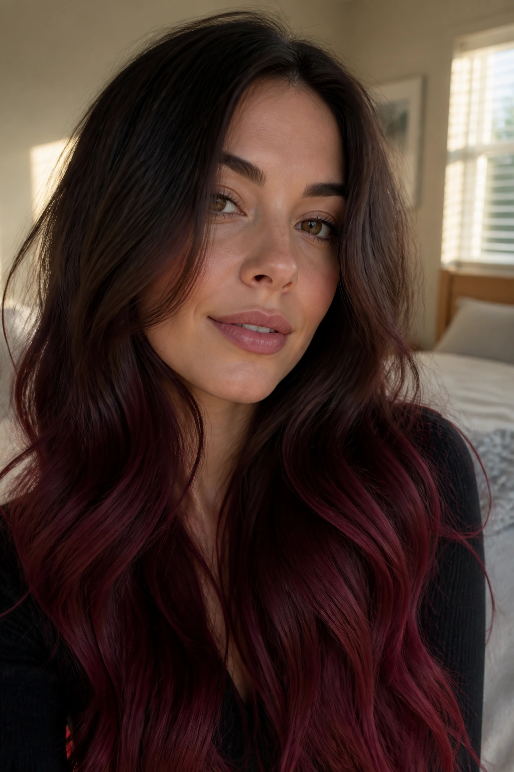 Close-up of a real woman’s long hair showing a cool brown to cranberry dip-dye
