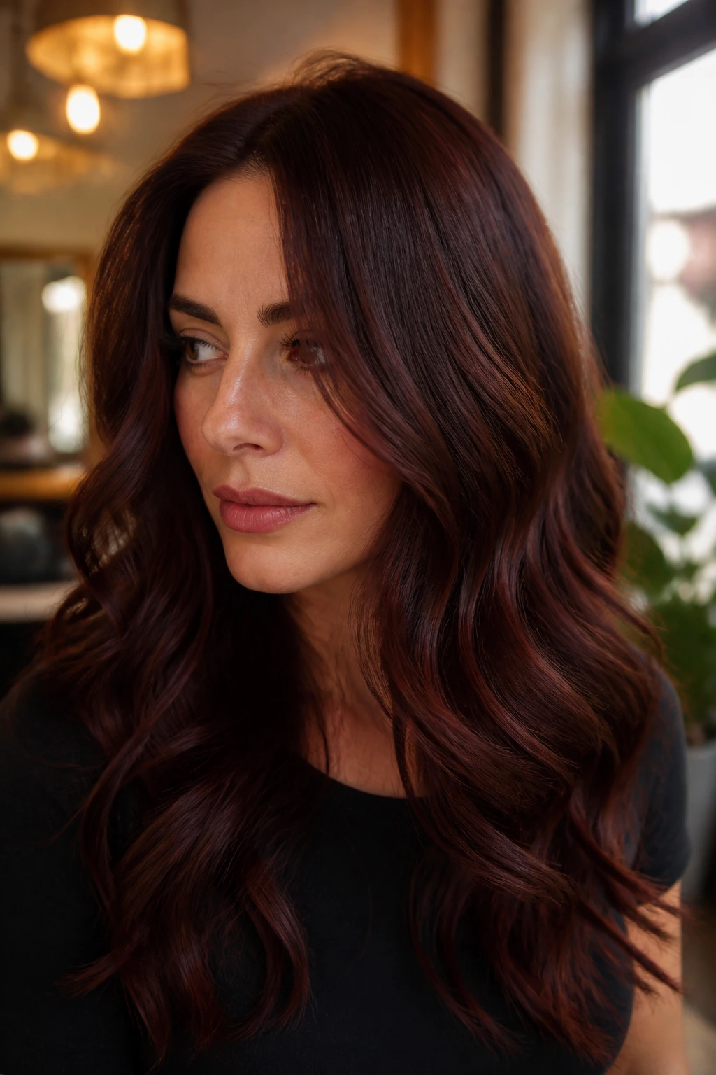 Close-up of real woman with cranberry espresso hair color and soft waves