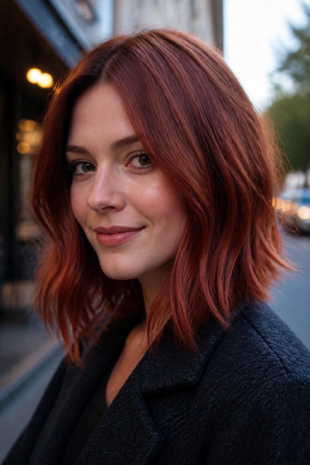 Medium close-up of a real woman with cranberry ginger lob color.