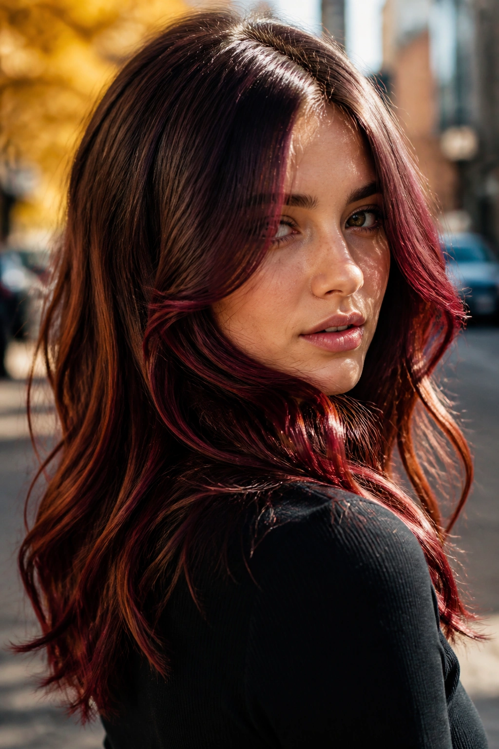 Real woman with cranberry glaze balayage on brunette hair in motion.