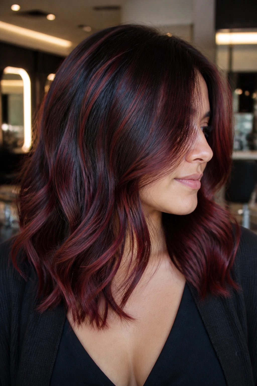 Real person with cranberry gloss balayage on brunette mid-length hair