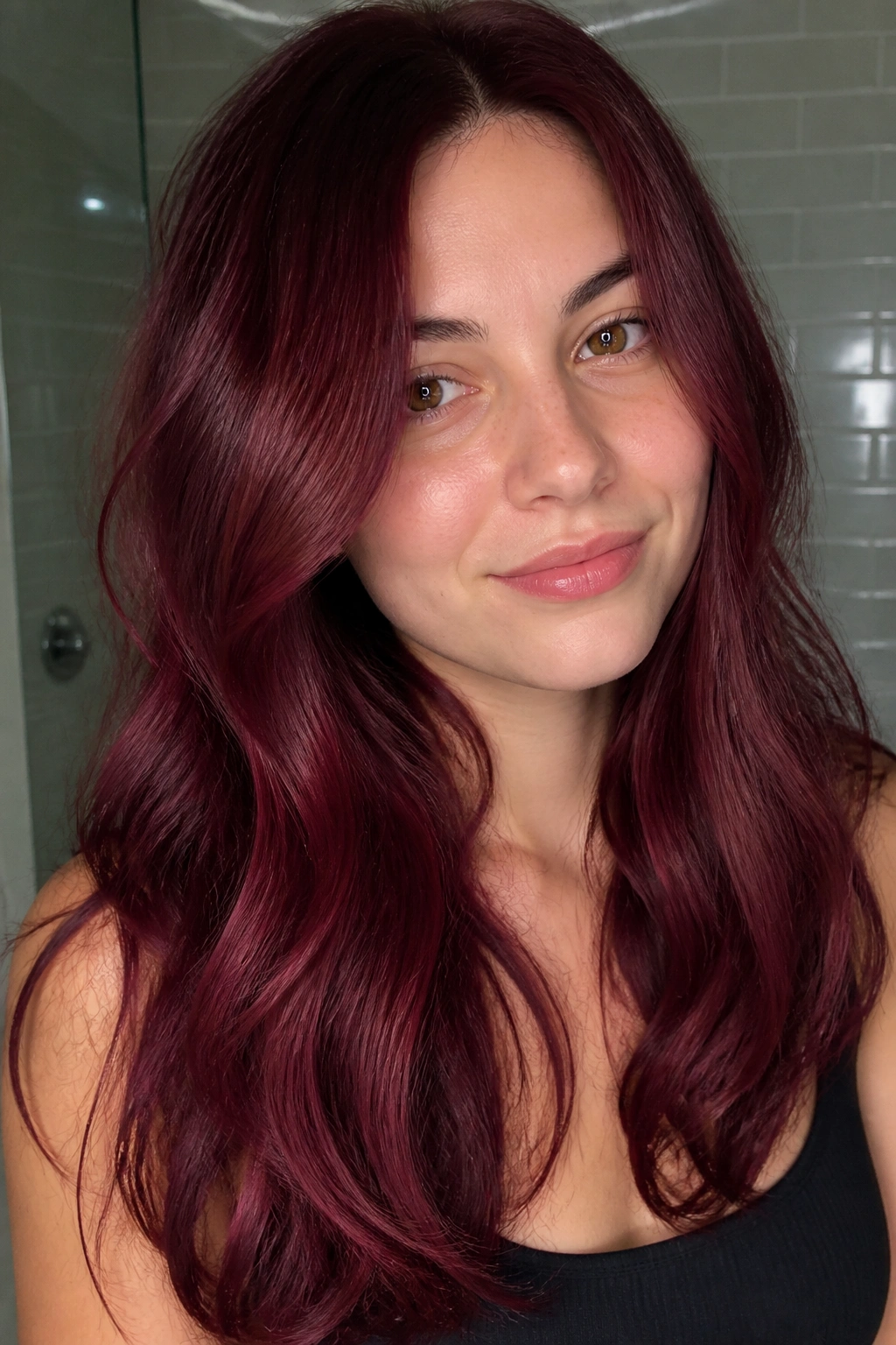 Close-up of real person with cranberry gloss on light brunette hair in cool lighting