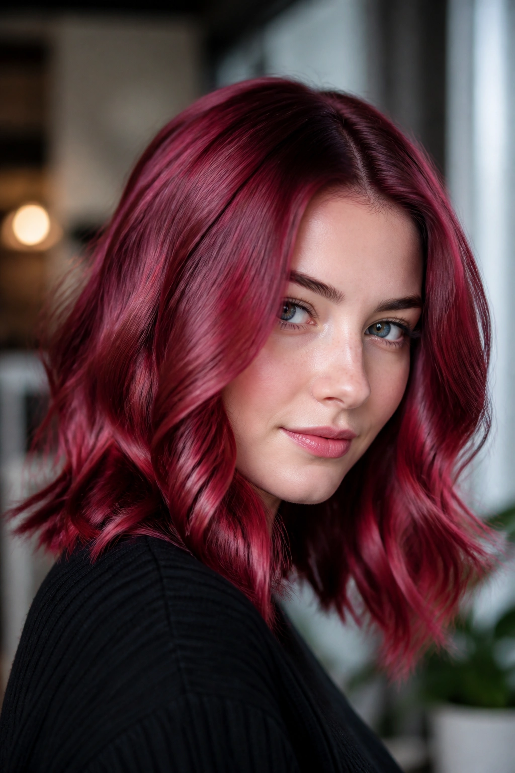 Close-up of a real person with cranberry glow hair and cool skin tone