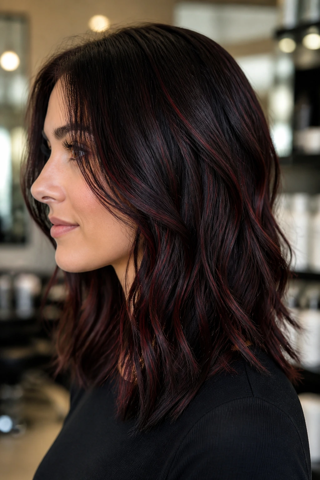 Close-up of espresso brown hair with smoky cranberry highlights