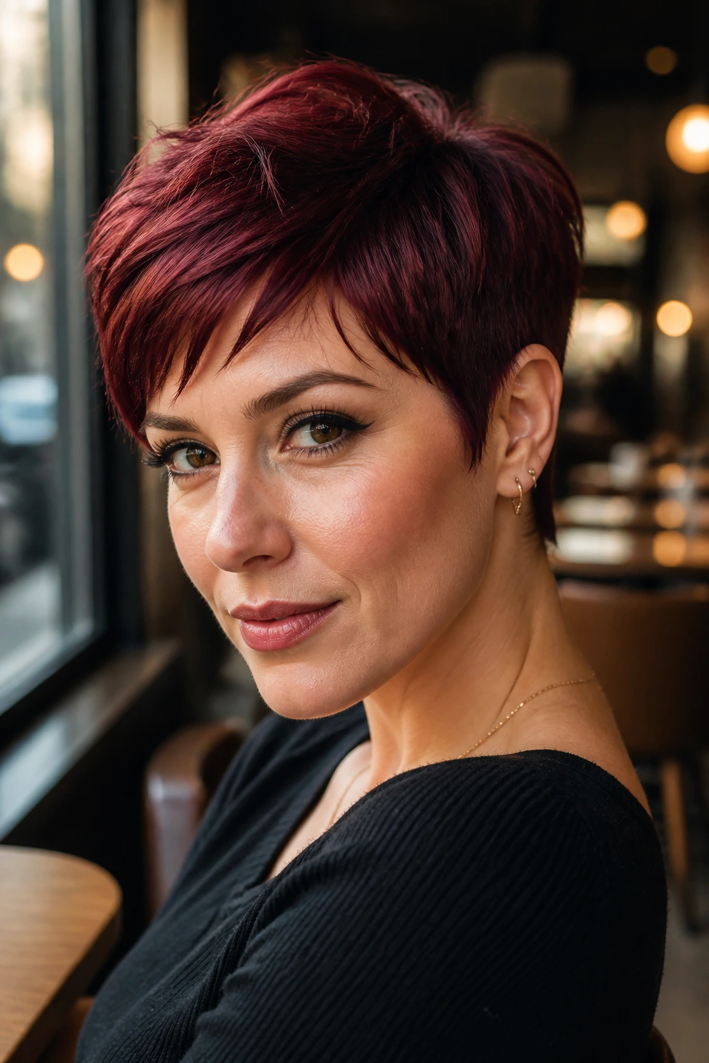 Portrait of a woman with cranberry mahogany pixie cut in cafe light