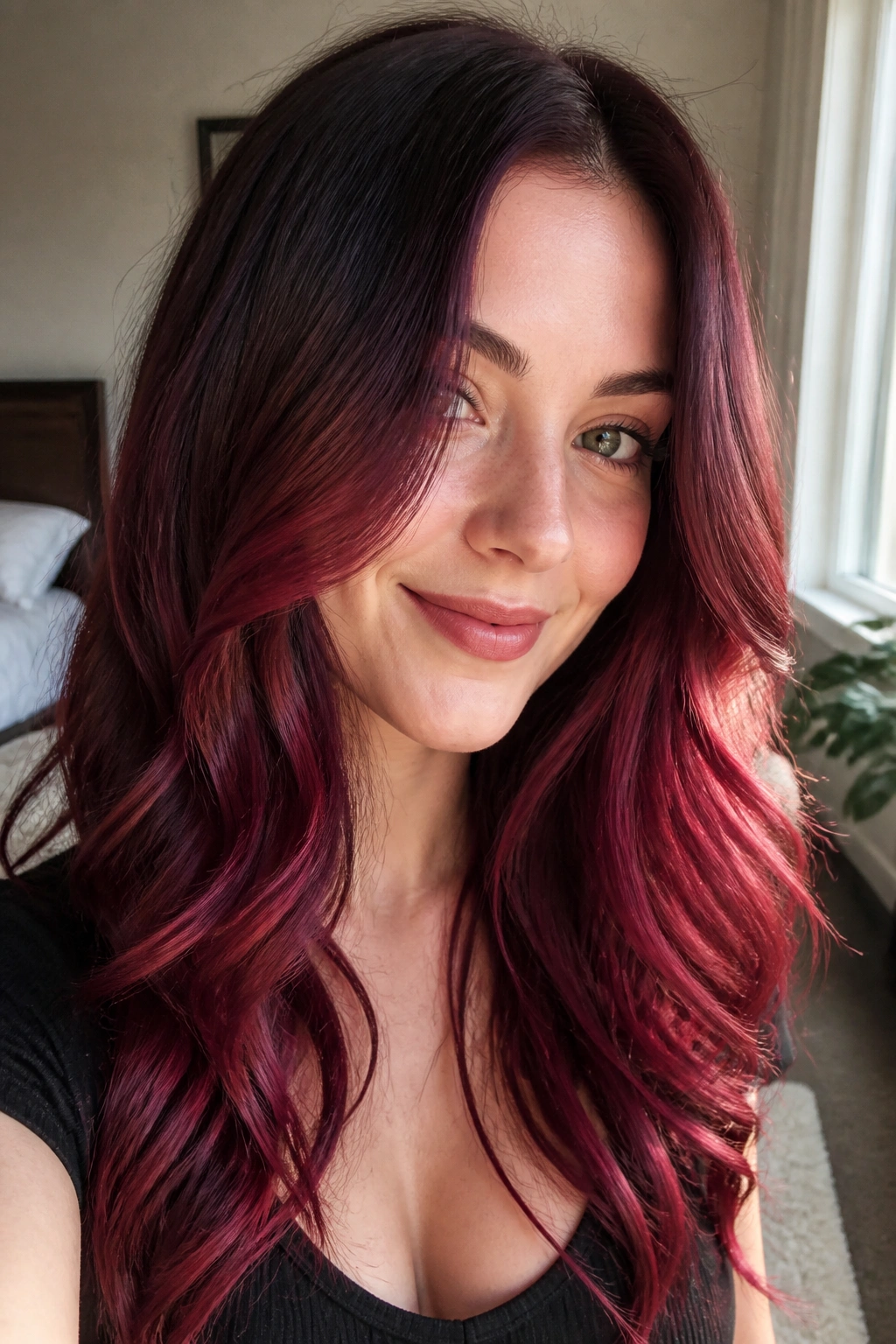 Close-up of a real woman with cranberry melt hair color transitioning from deep root to berry ends