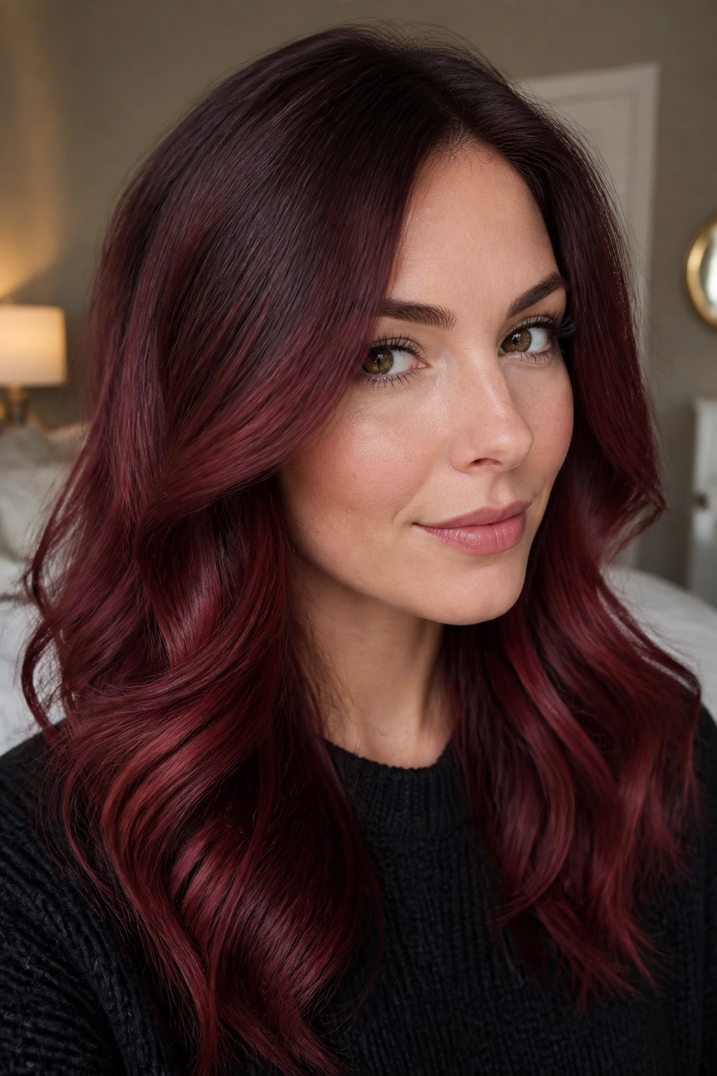 Close-up of a woman showing cranberry melt with shadow root hair under warm indoor light