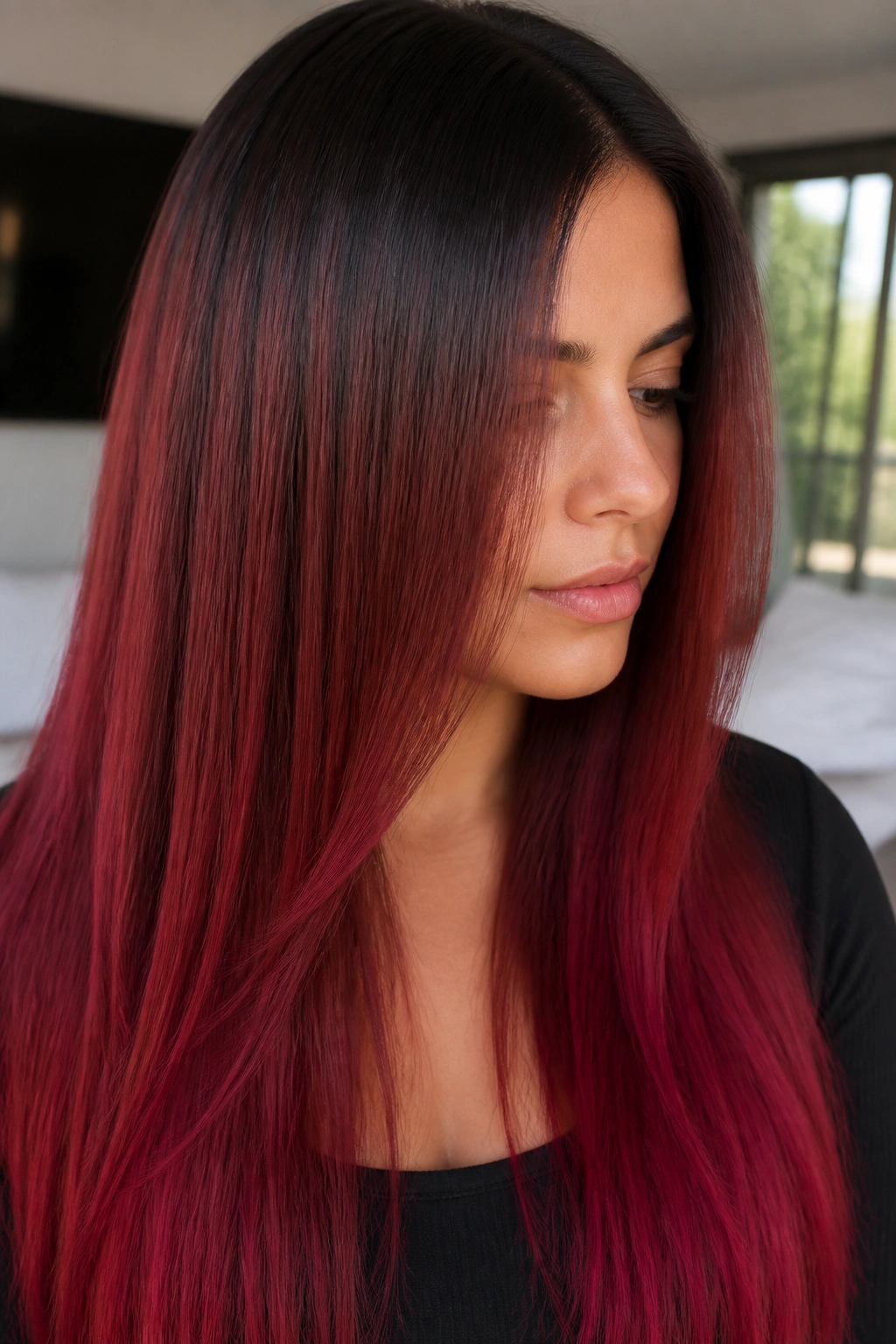 Close-up of cranberry ombre on straight long hair on a real person