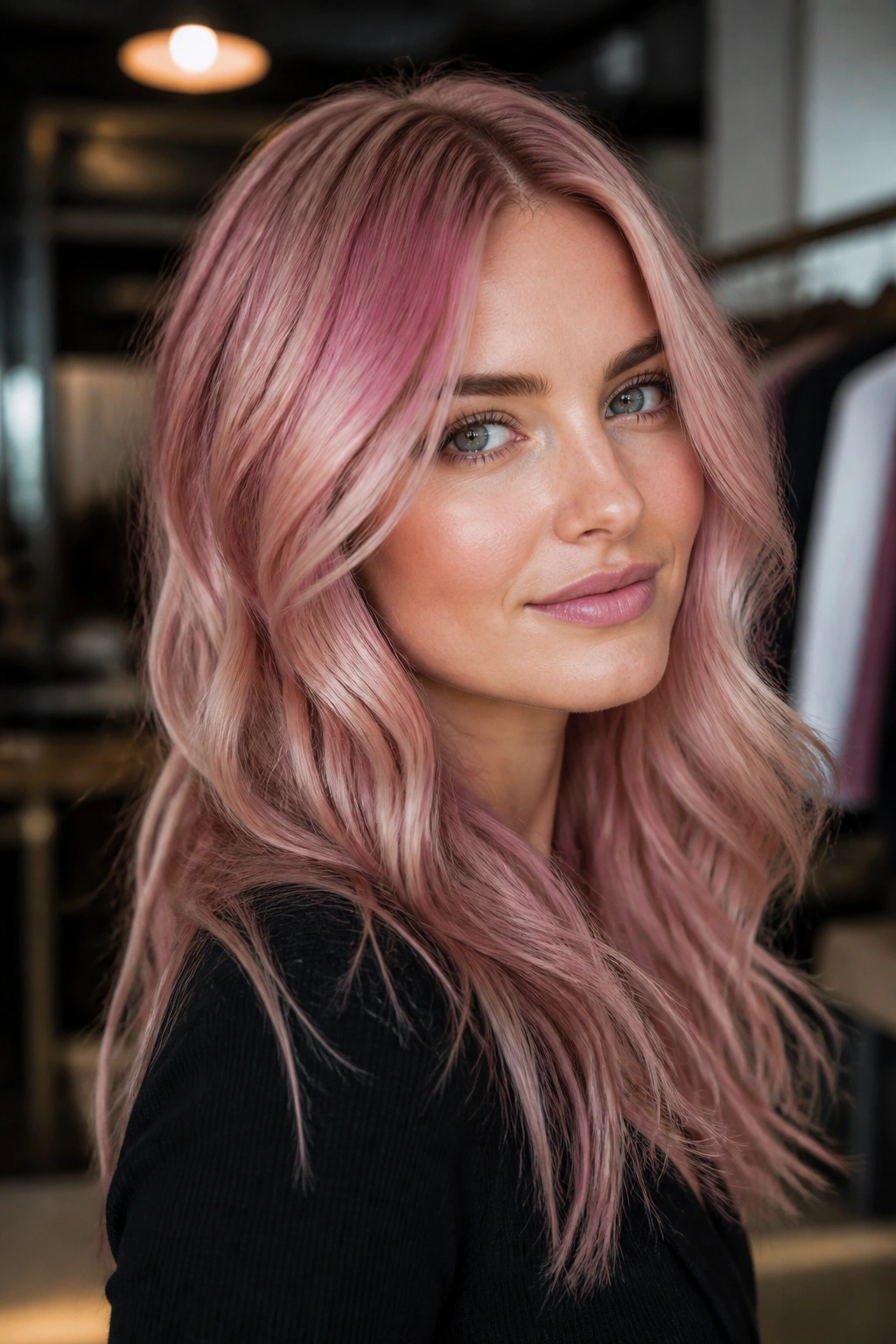 Real person with cranberry pearl blonde hair, deep cranberry tone with pearl finish.