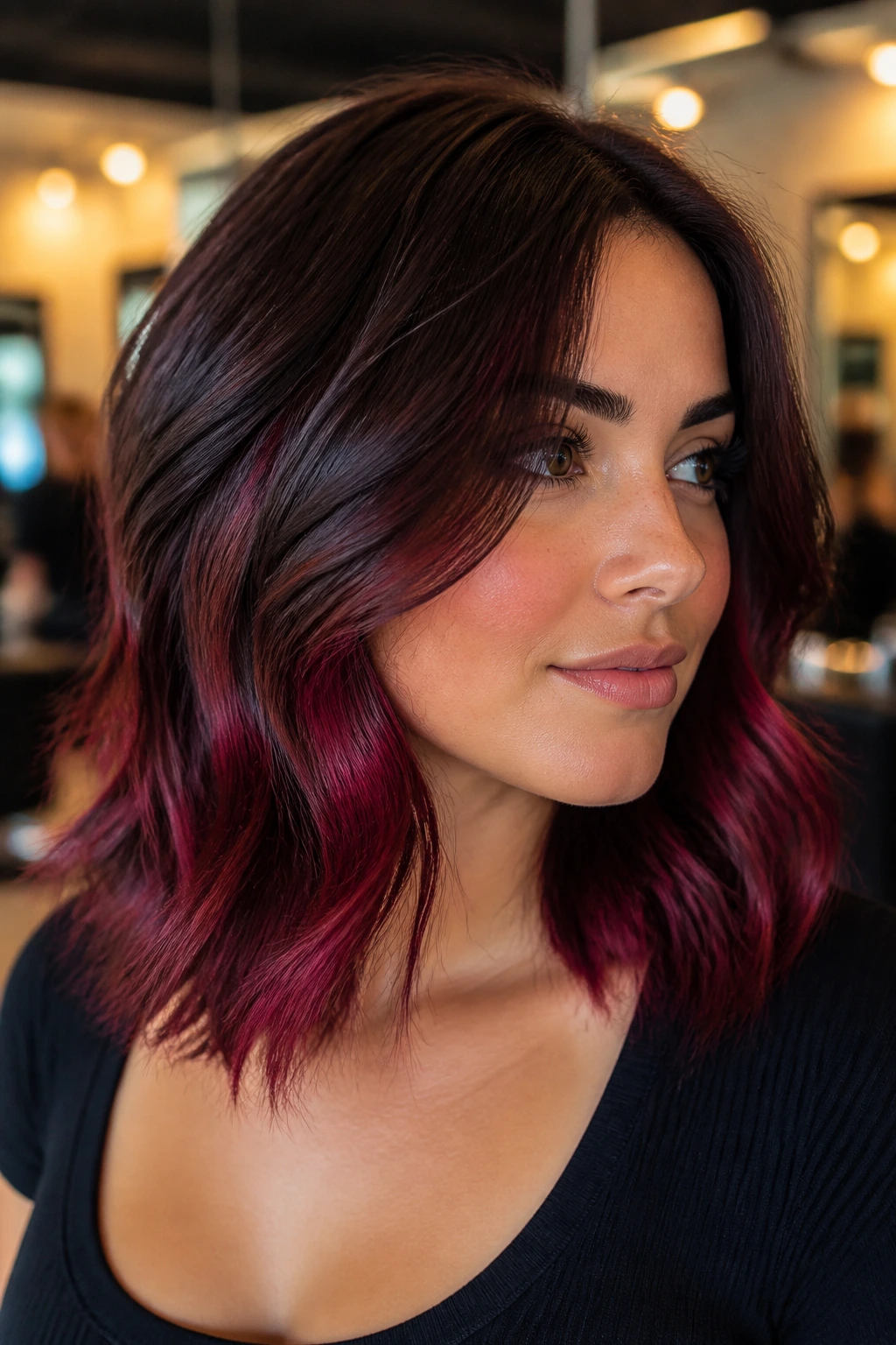 Portrait of a woman with cranberry peekaboo layers visible through dark top layers