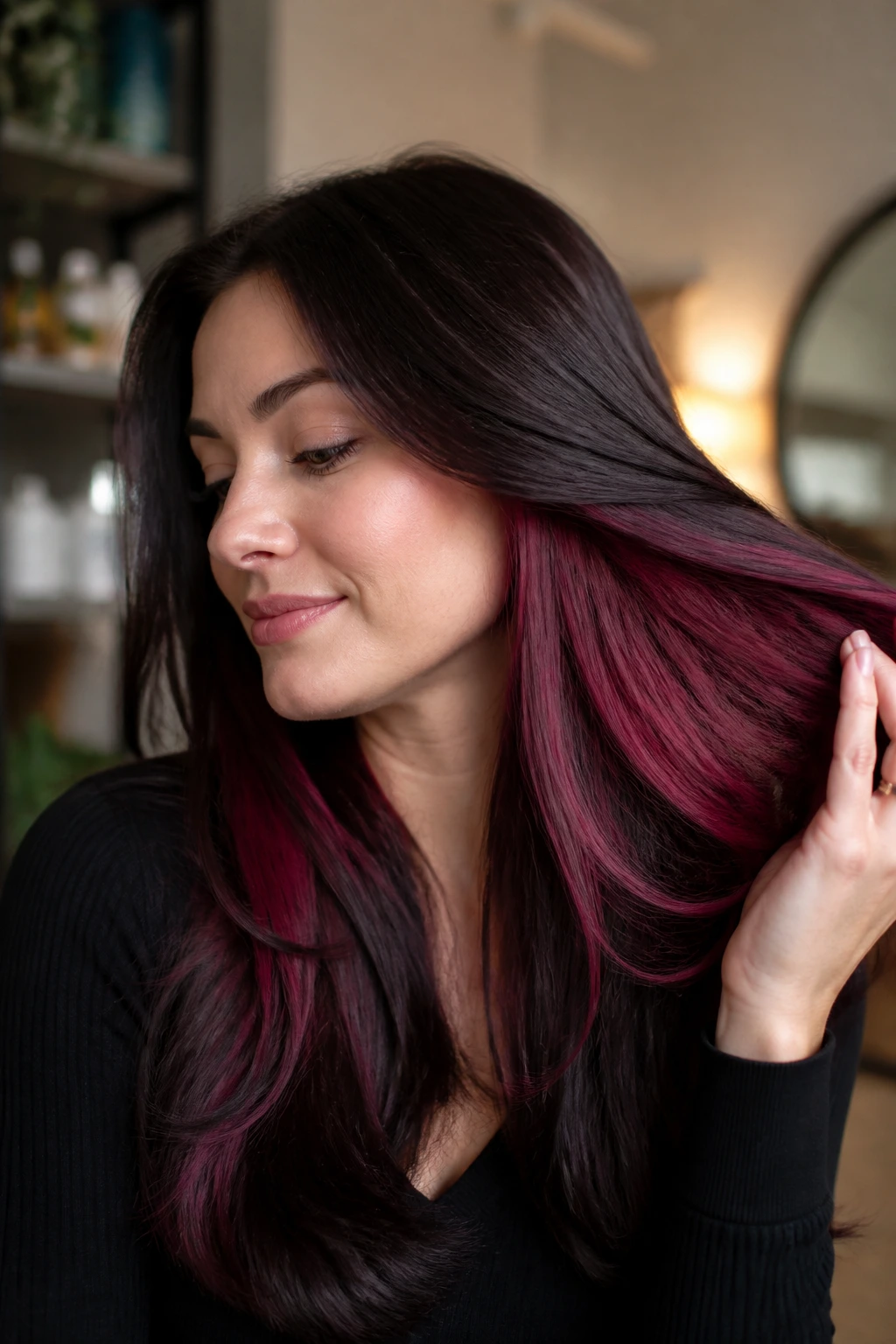 Close-up of a real person with cranberry peekaboo panels under the top hair layer.