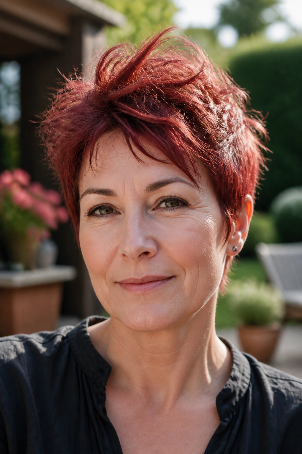 Close-up of real person with cranberry tousled pixie in outdoor morning light.