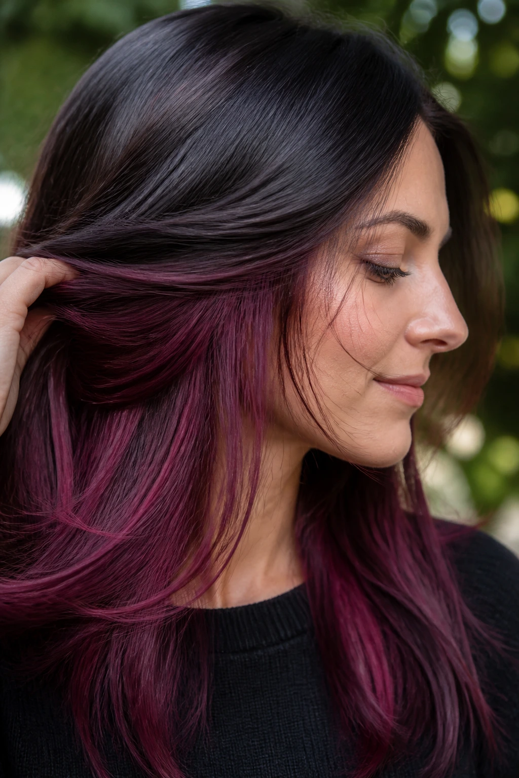 Real person showing cranberry plum peekaboo underlayer