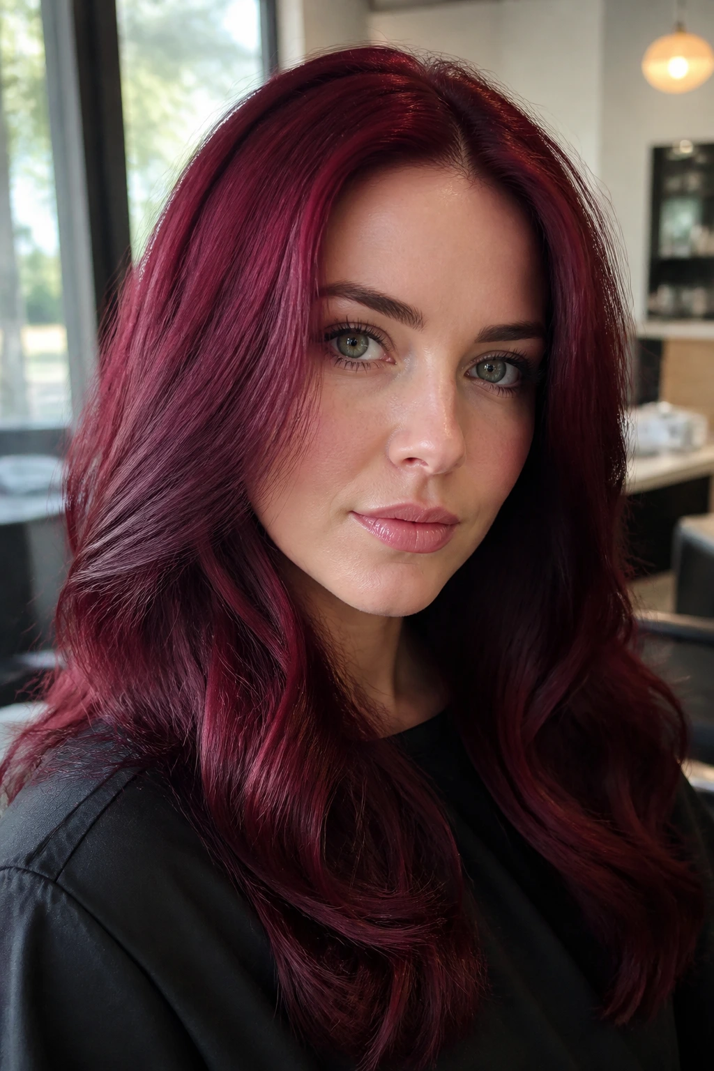 Close-up portrait of a real person with cool cranberry red hair by window light