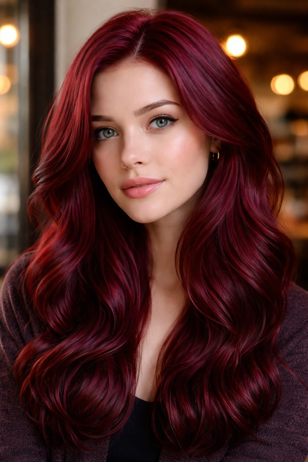 Portrait of a woman with cranberry red hair in a warm-lit setting