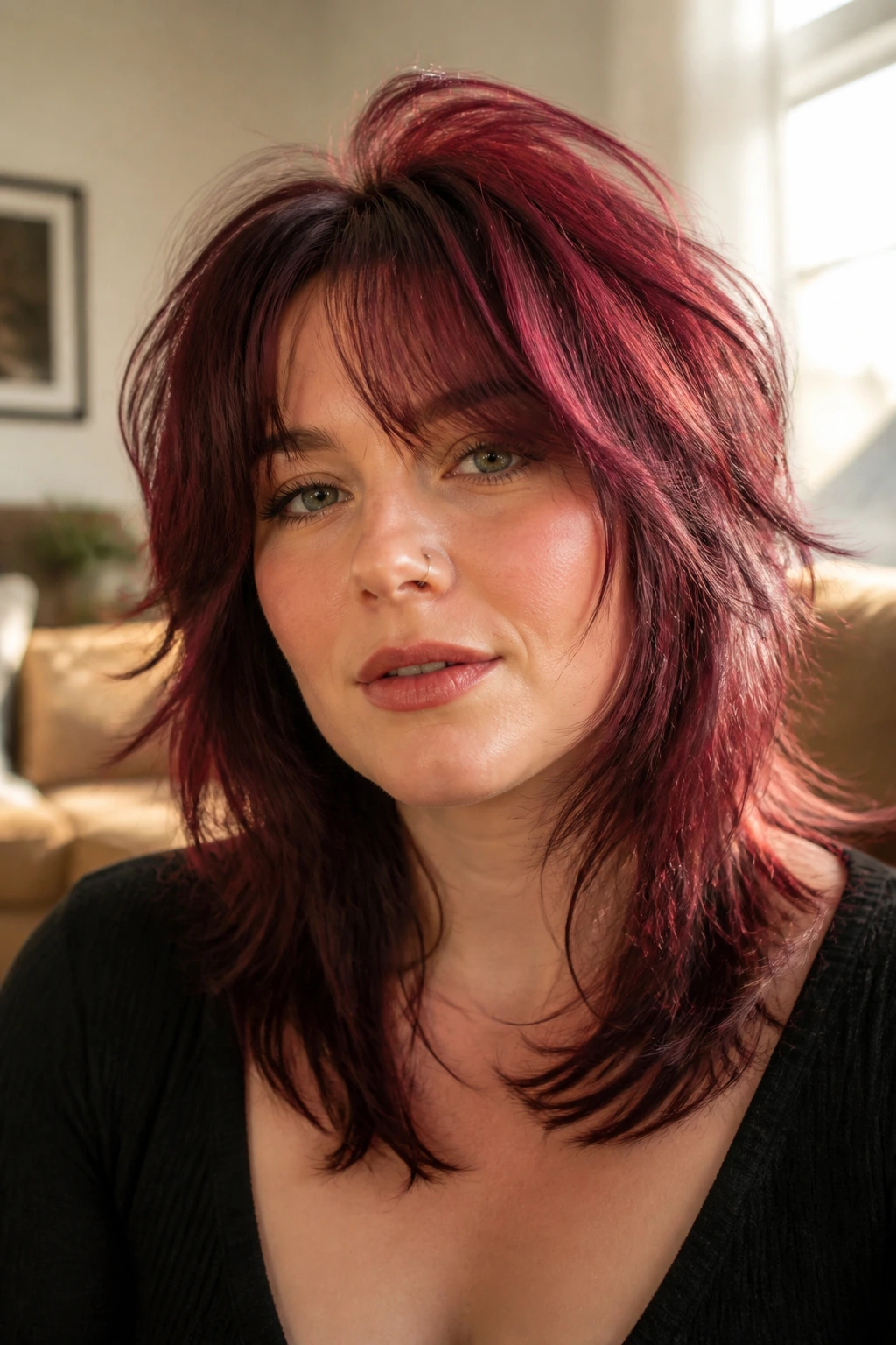 Close-up portrait of a real woman with cranberry red shag and soft wolf-cut movement
