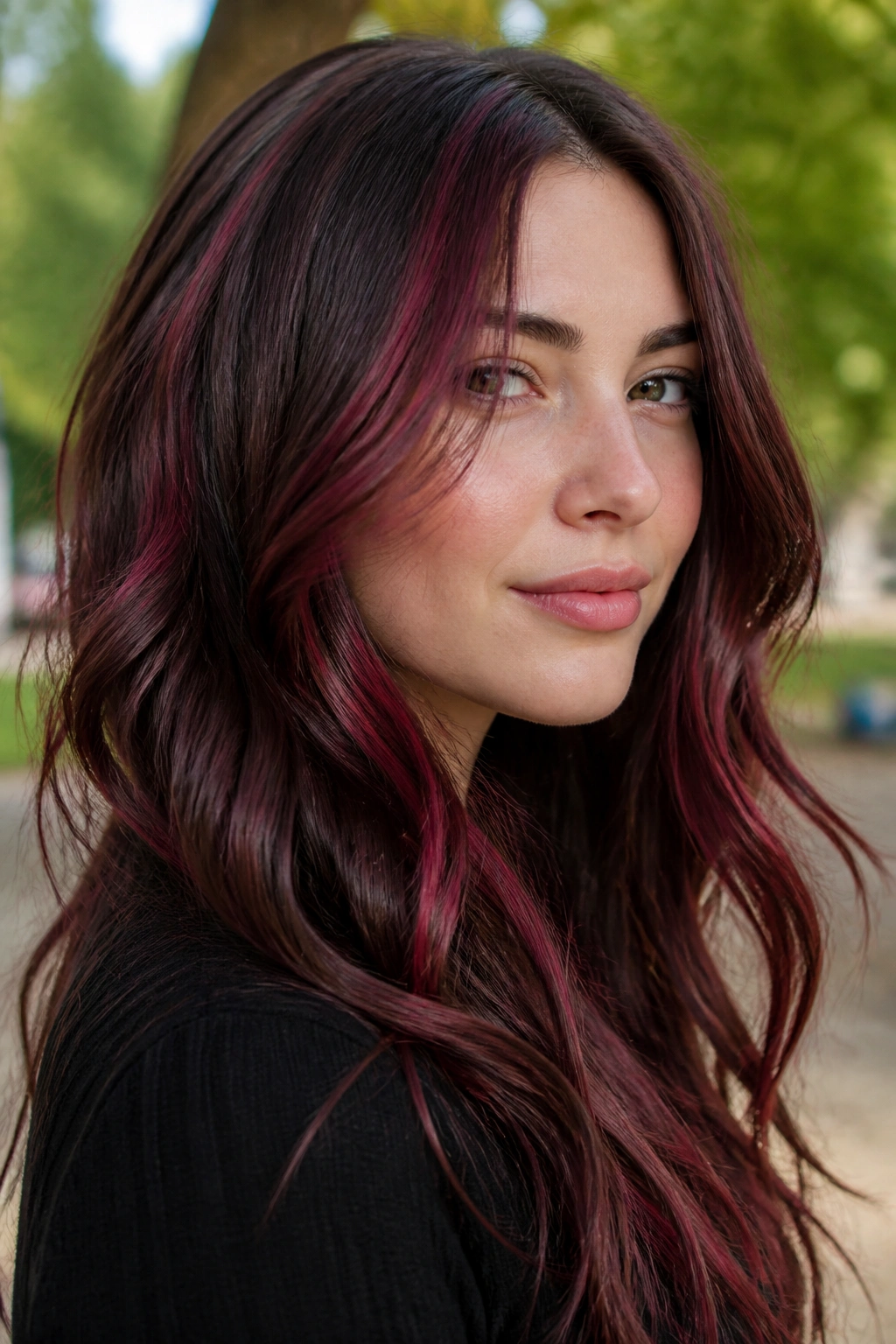 Close-up of a real woman with cranberry ribbon highlights in brunette hair