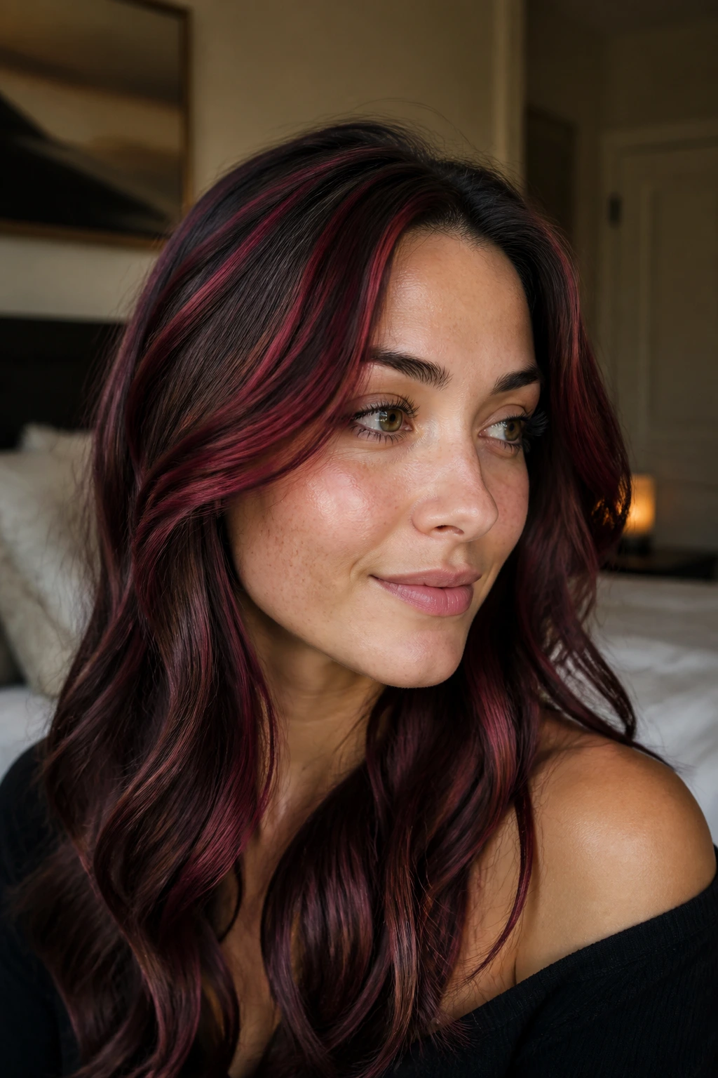 Close-up brunette with cranberry ribbons woven around crown, cooler red tones