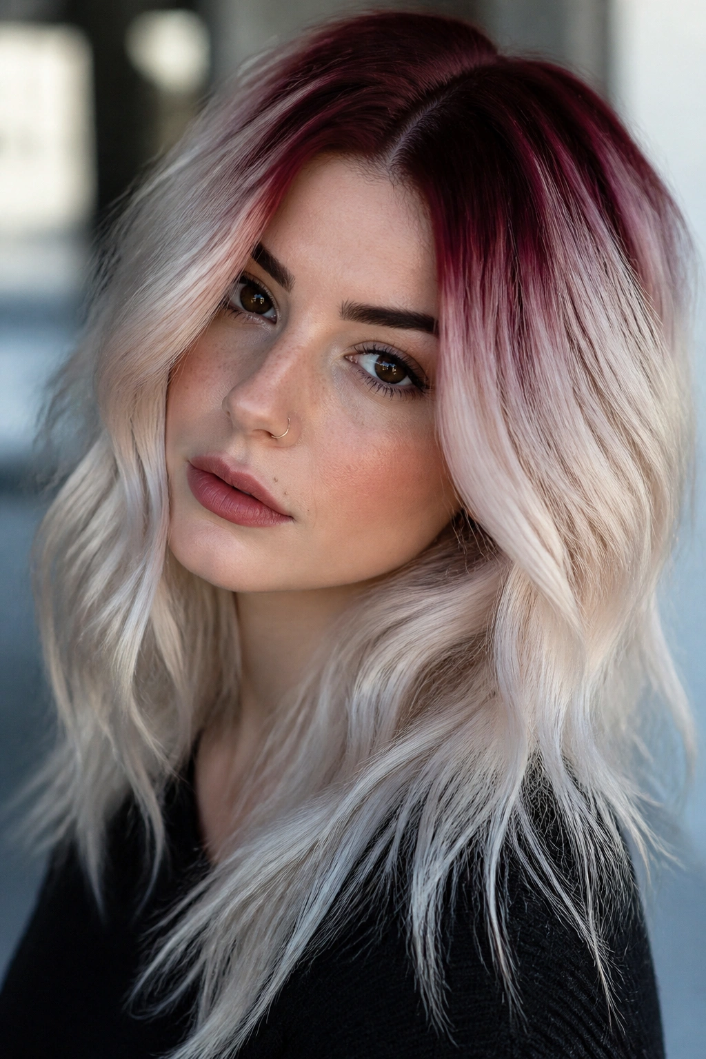 Close-up portrait of a real woman with cranberry root melt on platinum blonde, deep root shadow and high contrast.