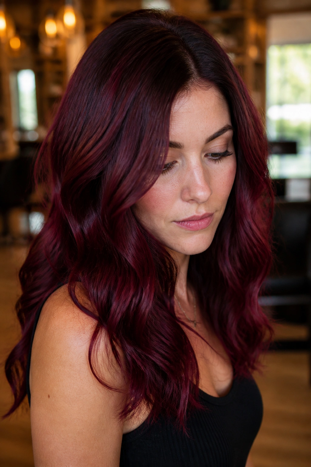 Close-up of cranberry burgundy hair with shadow root on a real person