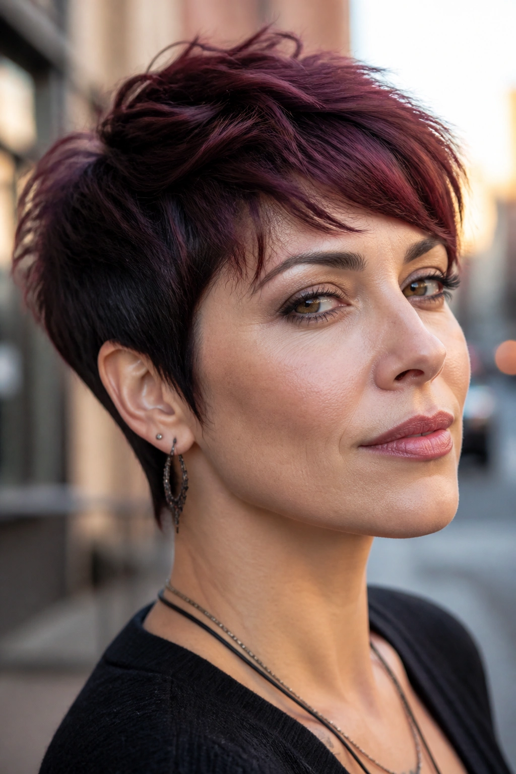 Close-up of a real woman with cranberry smoke pixie hairstyle