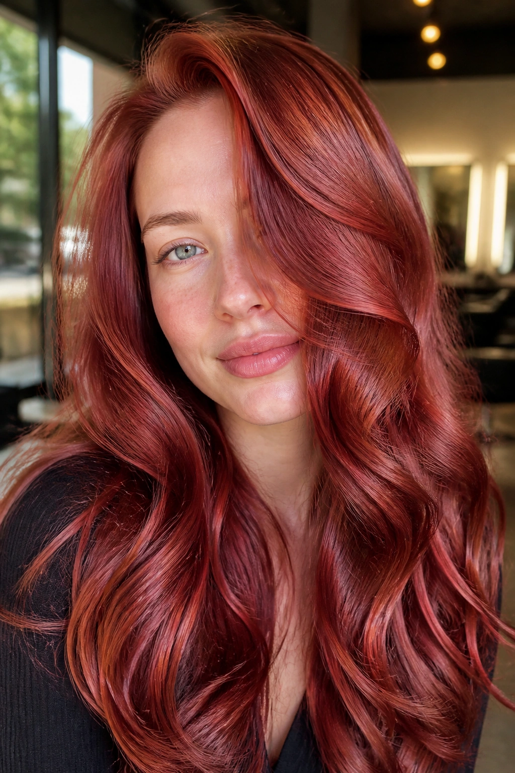Close-up of cranberry strawberry gloss hair on a real person with berry-red copper tones