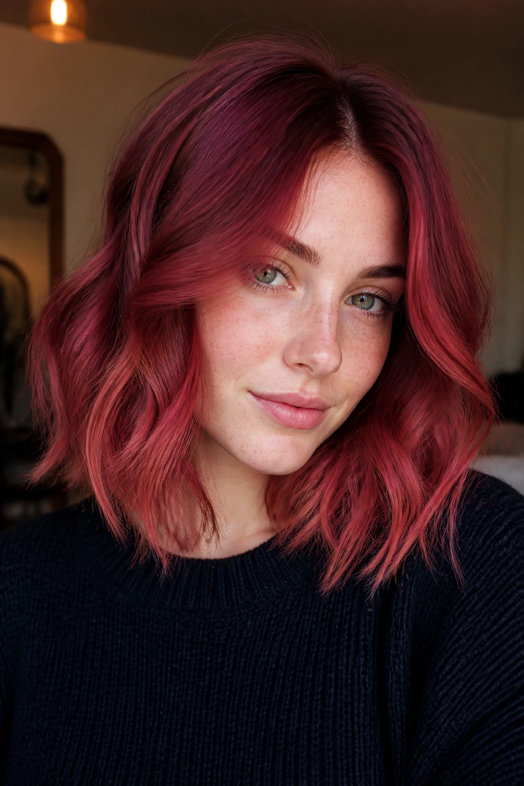 Close-up portrait of a real person with cranberry strawberry lob showing root-to-end color shift.