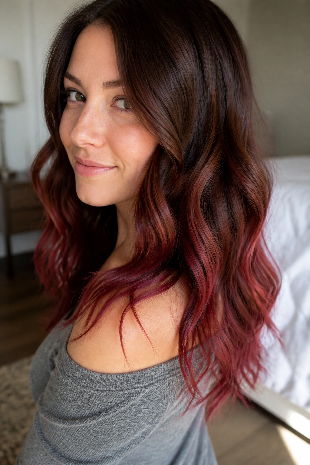 Close-up of a real woman with wavy brown hair and cranberry tips at the ends
