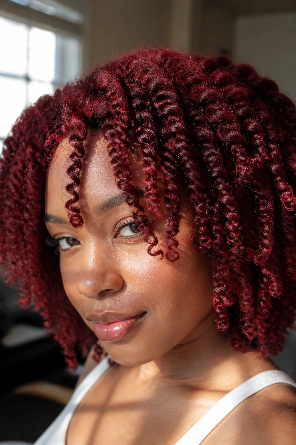 Close-up of a person with cranberry twist-out curls