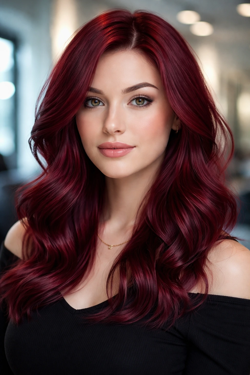 Close-up portrait of a real woman with cranberry velvet hair in a modern salon