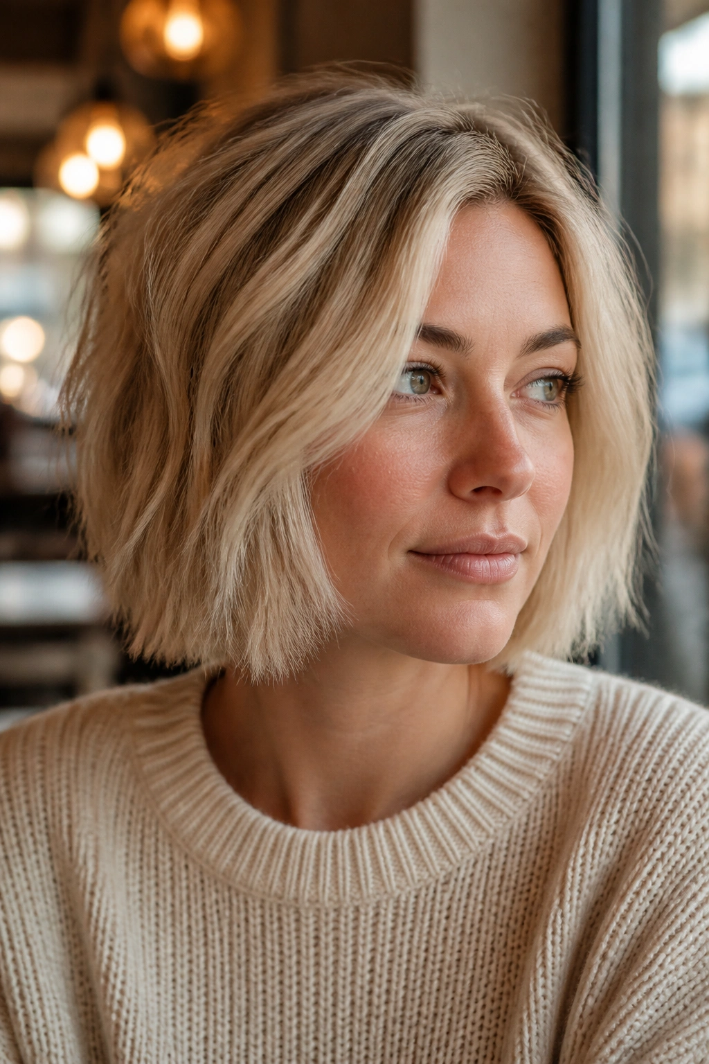 Close-up portrait of a real woman with textured cream blond bob and choppy ends