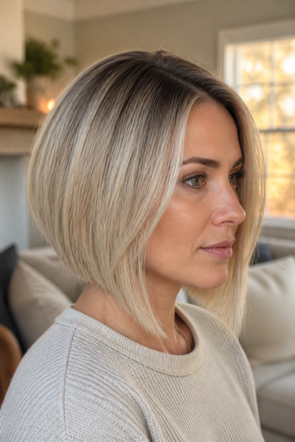 Close-up of a real woman with a rooted cream blonde bob and gentle A-line in a cozy room