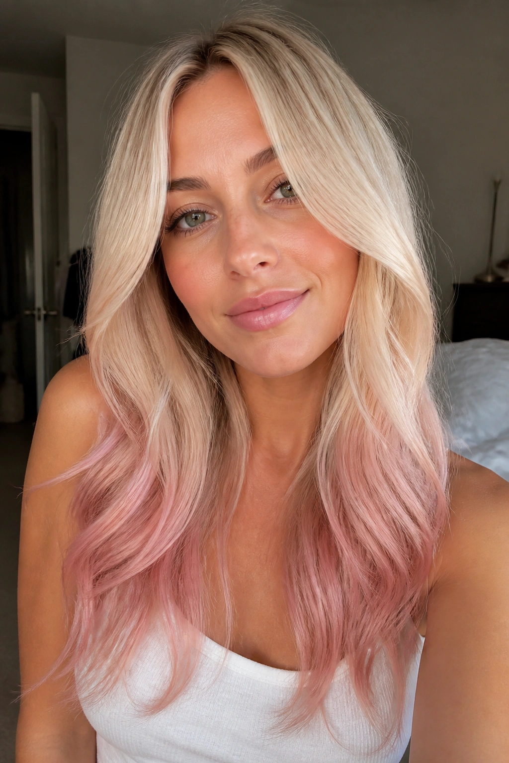 Close-up portrait of a real woman with cream blonde to blush pink ombre and long face-framing layers