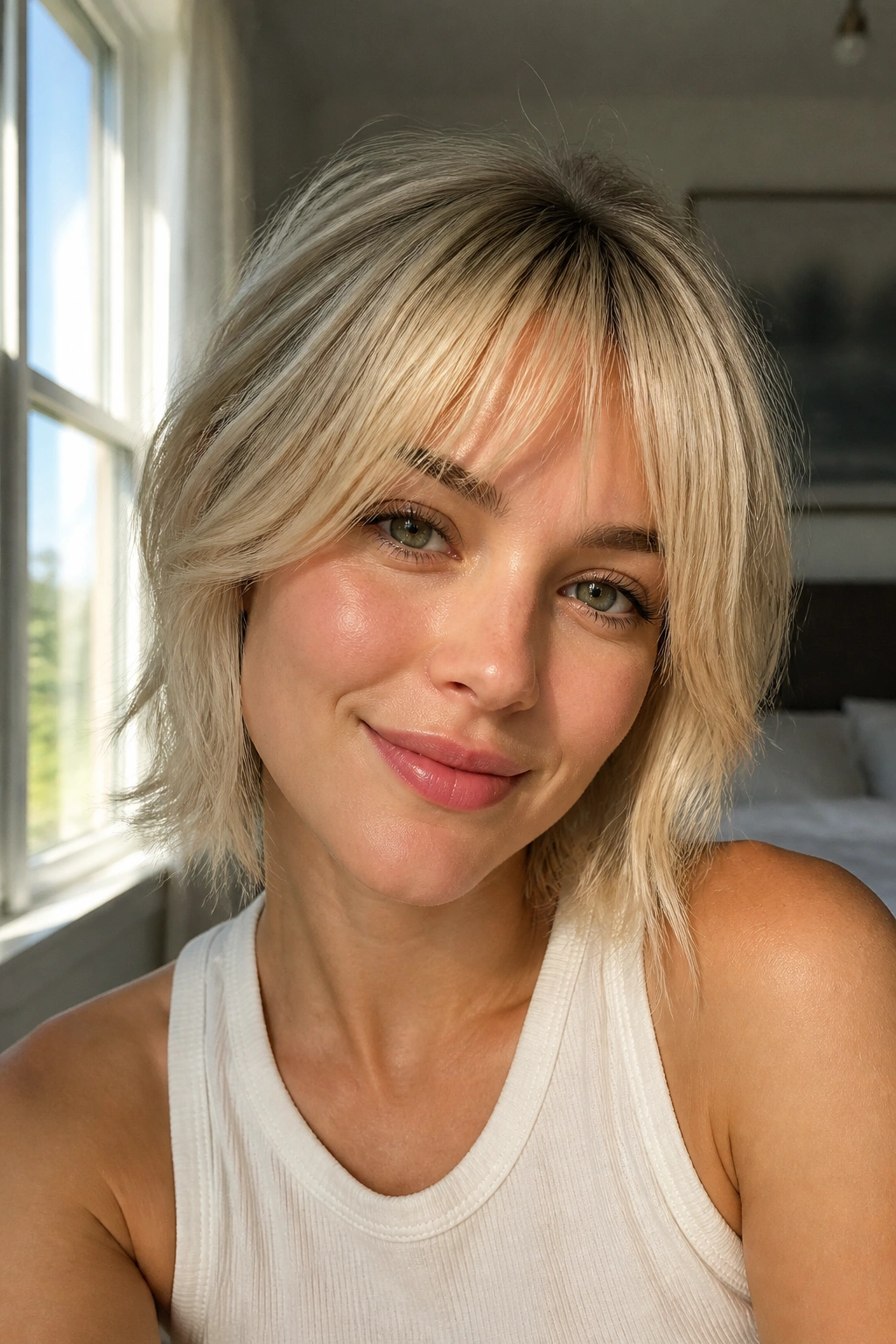 Close-up of cream blonde wispy bottleneck bangs on a real woman