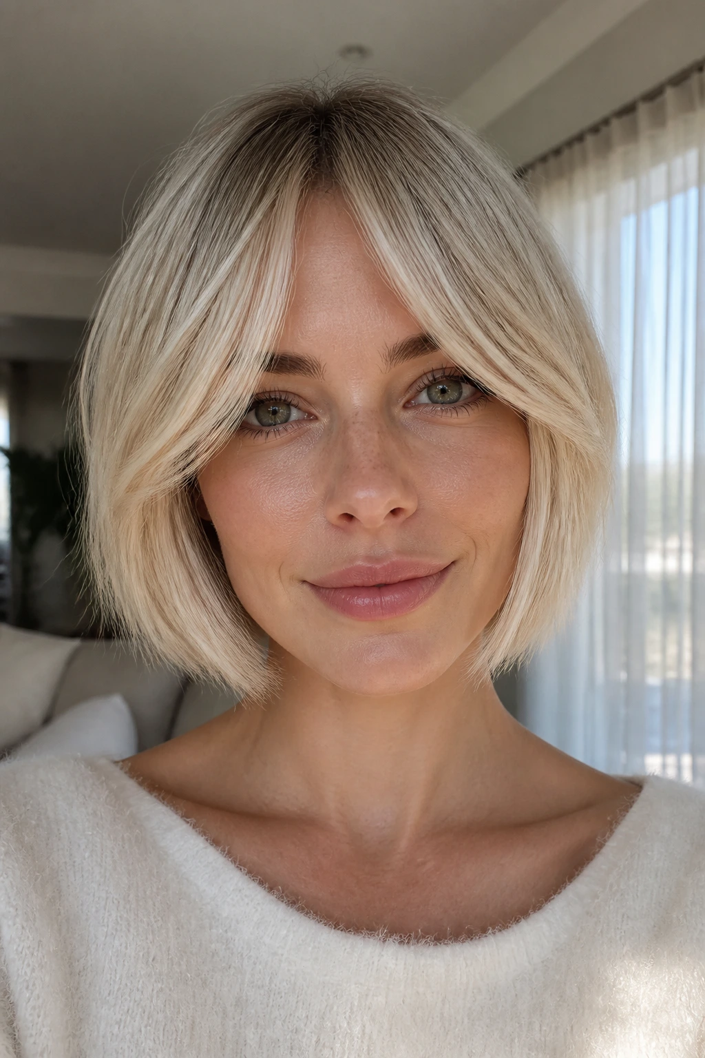 Real woman with jaw-length bob and cream blonde curtain bangs in natural light