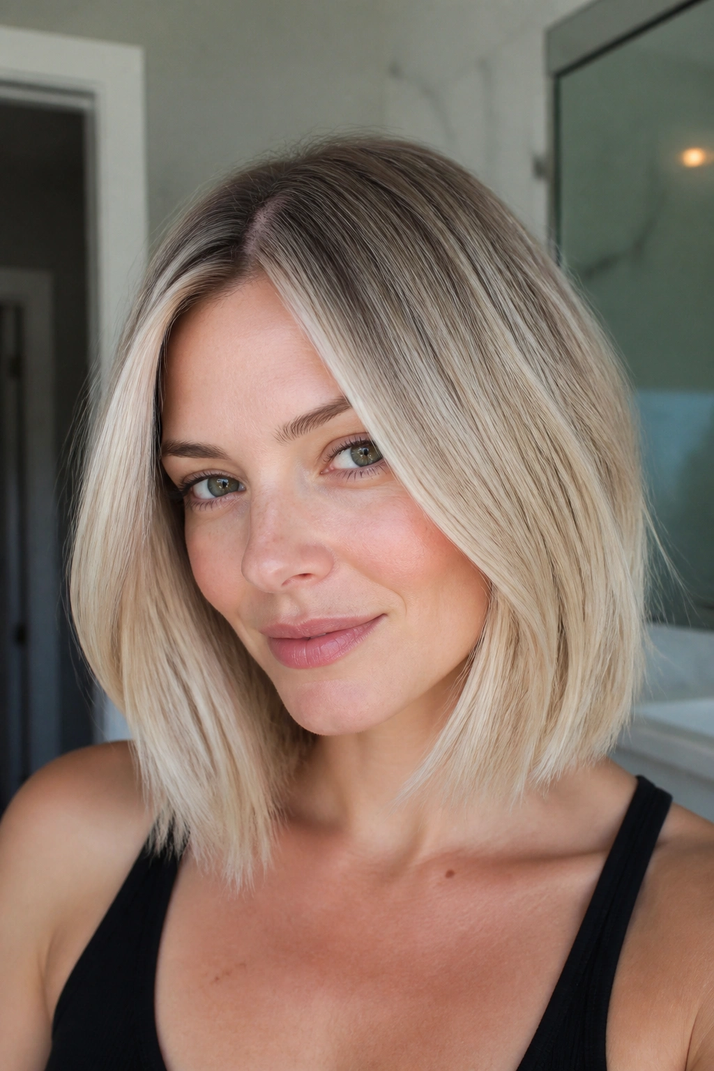 Portrait of a real woman with cool cream blonde lob and root melt in a bright bathroom.