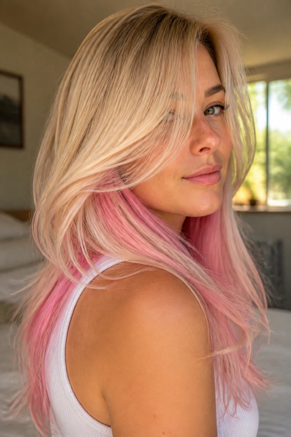 Close-up of a real woman with cream blonde hair and pink peekaboo layers