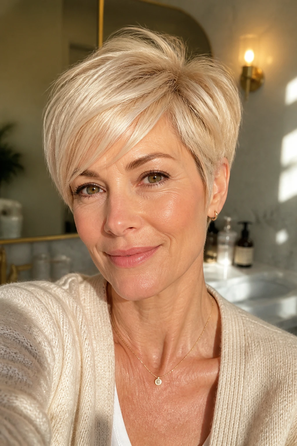 Close-up portrait of a real woman with glossy cream blonde pixie for fine hair.