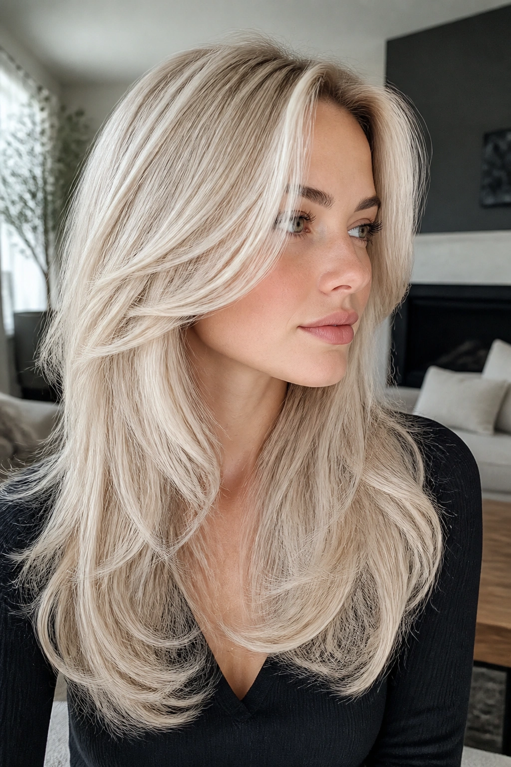 Close-up portrait of a real woman with cream-platinum butterfly layers.