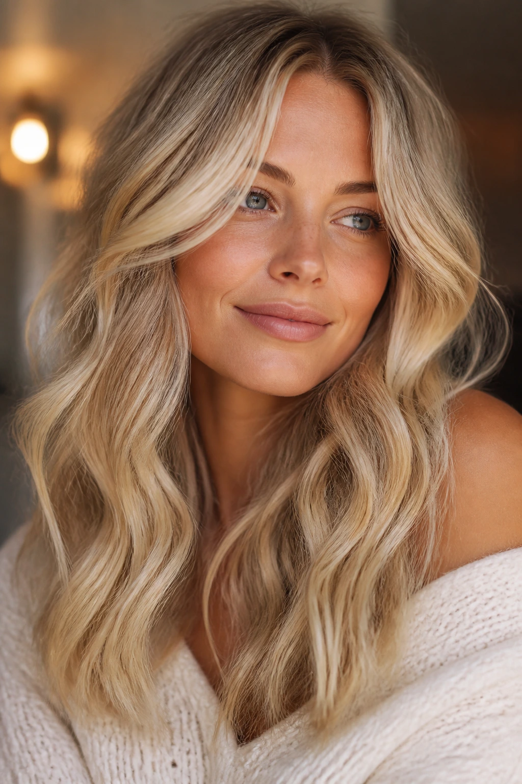 Close-up portrait of a real woman with cream soda blonde hair in soft indoor lighting