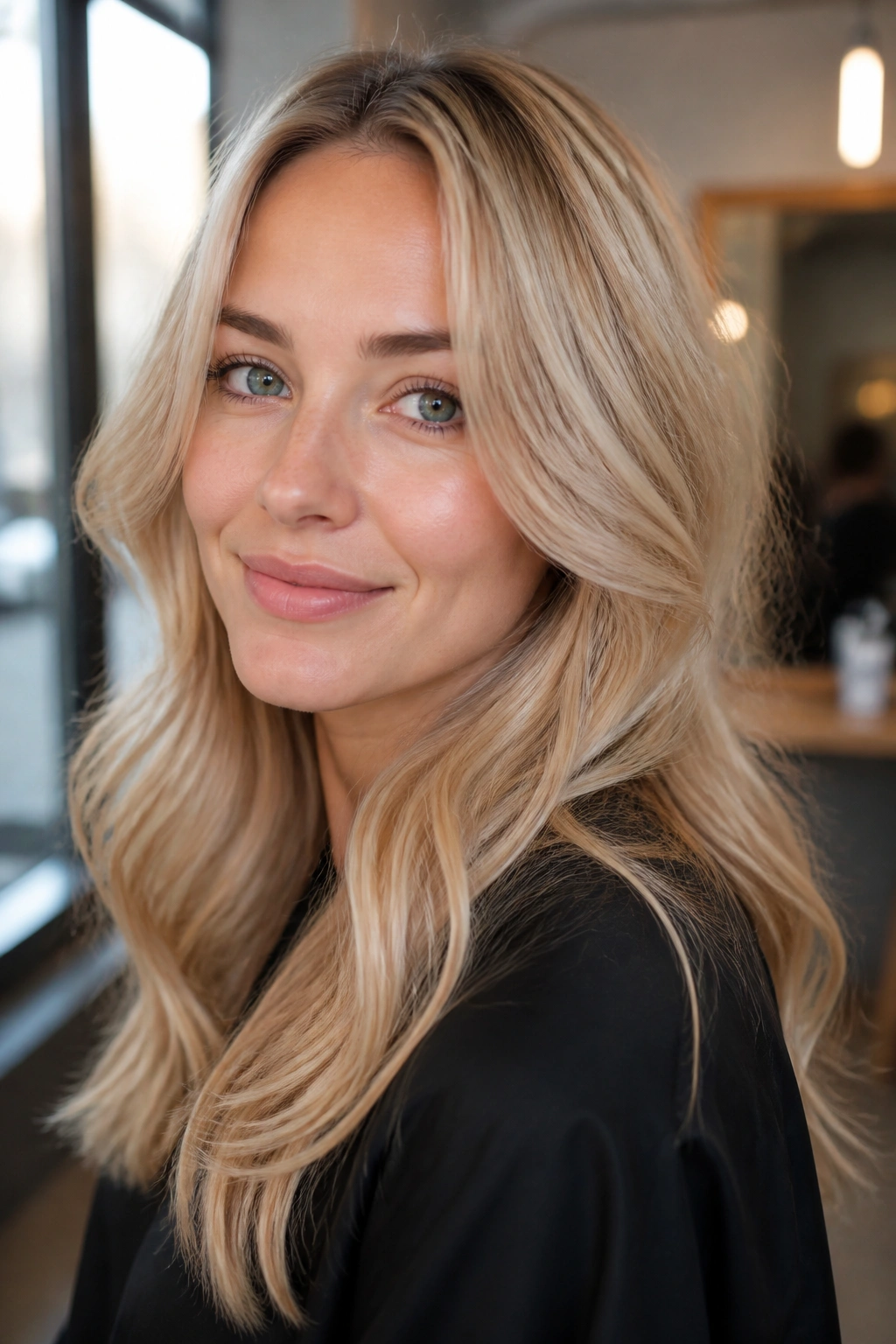 Close-up portrait of a real woman with Cream Soda Buttery Blonde hair in soft beige-blonde tones.