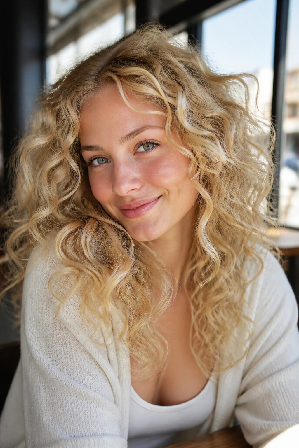 Close-up of loose curls in cream soda blonde with milky warmth