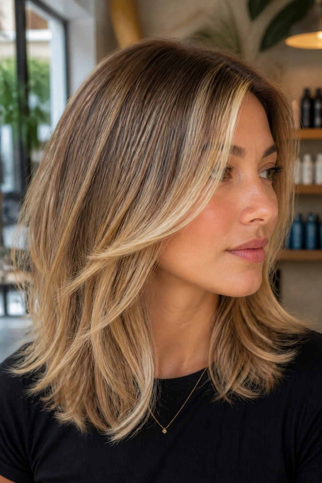 Real-person portrait showing cream soda blonde layers in brunette hair