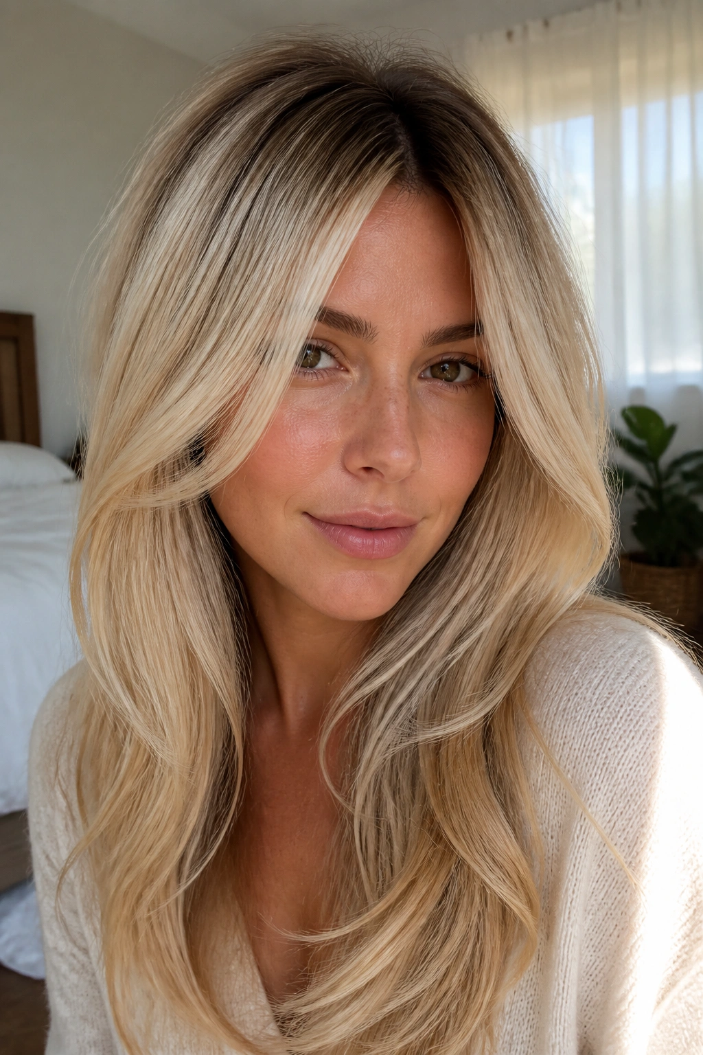 Close-up of a real woman with cream soda blonde and long layers in natural daylight